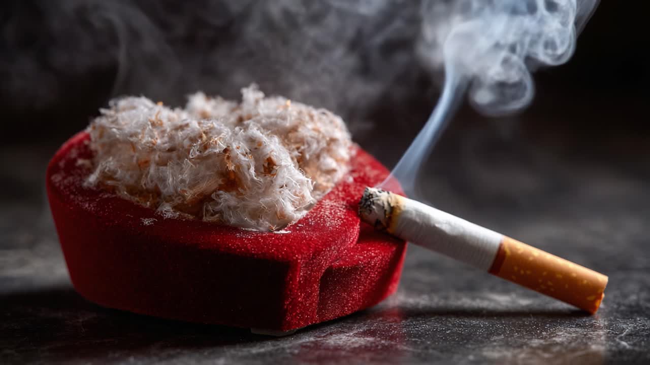 A Detailed Look at the Ashtray Holding a Half-Burned Cigarette Surrounded by Wisps of Smoke and Cotton, Highlighting the Contrasts of Habit and Health Awareness