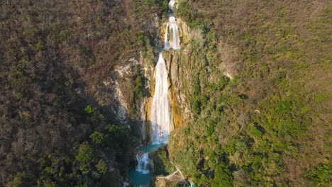 beautiful el chiflon waterfall, high 4k aerial view of cascade in chiapas mexico