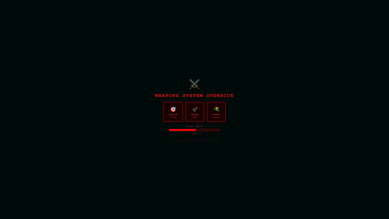 In a digital scene, an administrator interacts with a hacking animation showing a weapons system override. The screen display highlights important options