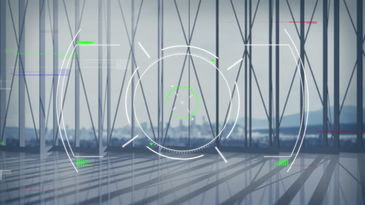 현대적인 건물과 도시 풍경에 대한 범위 및 데이터 처리의 애니메이션