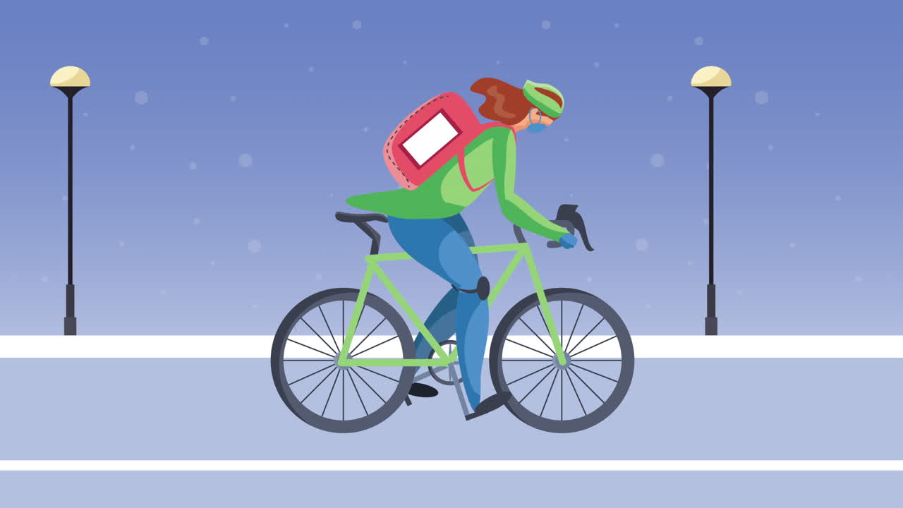 도로에서 자전거를 타고 배달 서비스 노동자 애니메이션