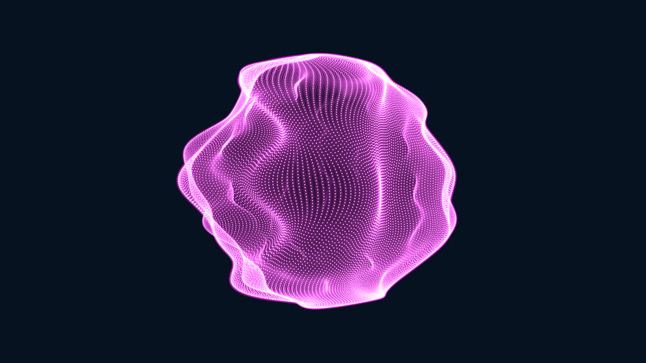 Sfera astratta 3D di onde di particelle composta da punti rosa luminosi che si trasforma lentamente su uno sfondo scuro, ideale per progetti di tecnologia, dati, scienza, IA, visualizzatore musicale o motion design futuristico.