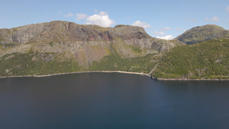 beautiful aerial shot flying over a lake with a view of the mountains in norway