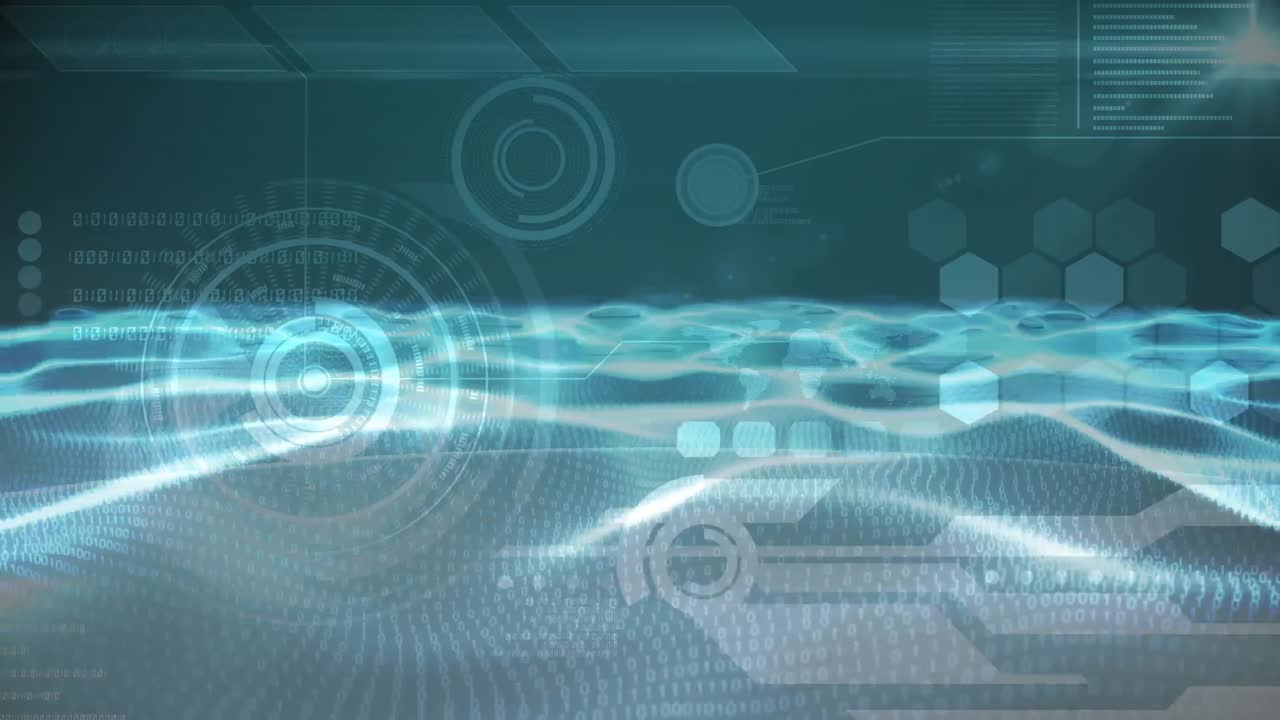 회색 인터페이스에서 데이터 처리를 통해 이동하는 지형적 풍경의 애니메이션