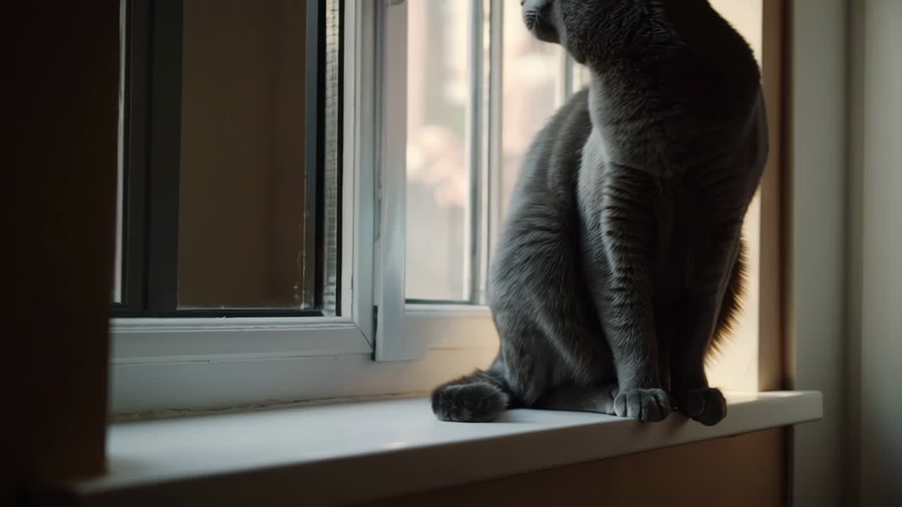 Gray Cat Sitting on a Window Sill