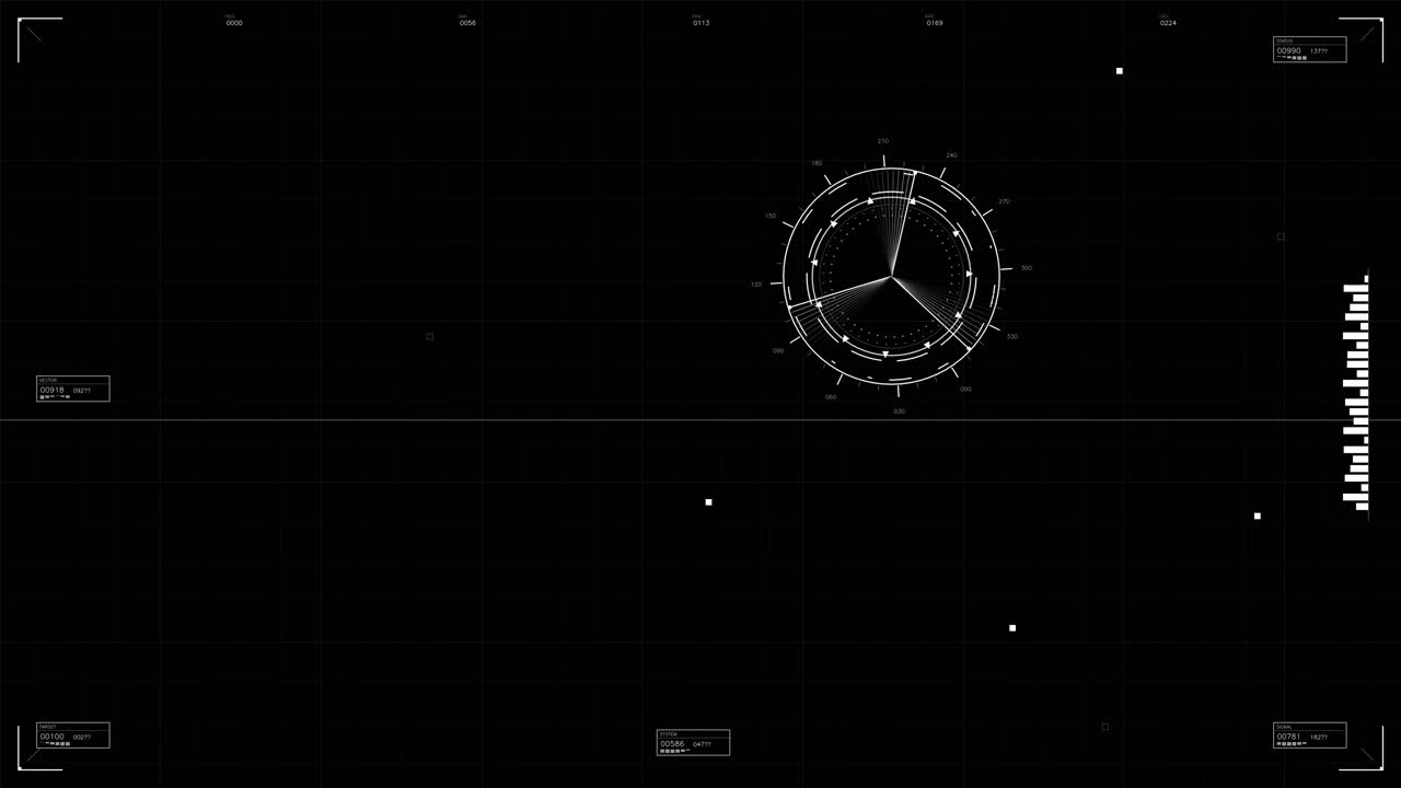 Military gui elements with a hud animation designed for science fiction projects. The dark background highlights various circular graphics and data displays