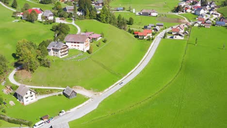 Picturesque-houses-along-road-surrounded-by-grassland,-Alps,-Zell,-Austria