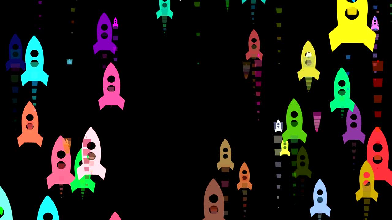 siluetas de cohetes en varios colores volando hacia arriba
