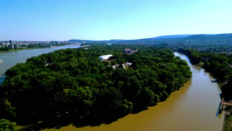 Óbuda-Island-During-Sziget-Festival-In-Budapest,-Hungary---aerial-shot