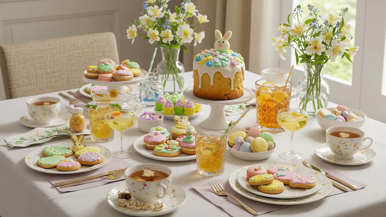 A Whimsical Celebration: A Festive Table Laden with Colorful Easter Treats, Adorned with Cake, Cookies, and Fresh Flowers for a Joyful Gathering