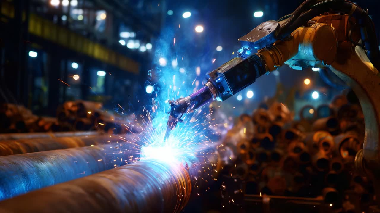 Advanced Robotic Arm Conducting Precision Welding on Metal Pipes in a Well-Lit Industrial Environment, Showcasing Sparks and High-Tech Machinery in Action
