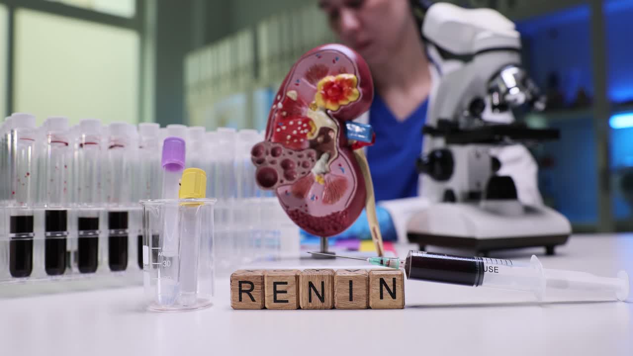 Medical laboratory setup with 'RENIN' blocks, test tubes, and a kidney model