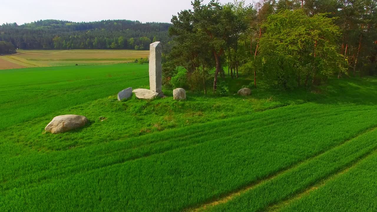полет камеры вокруг древнего каменного памятника. менгиры и дольмены возле тесовице. известное место для ежегодных ритуалов лечения бесплодия. таинственная достопримечательность в чешской республике, центральной европе.