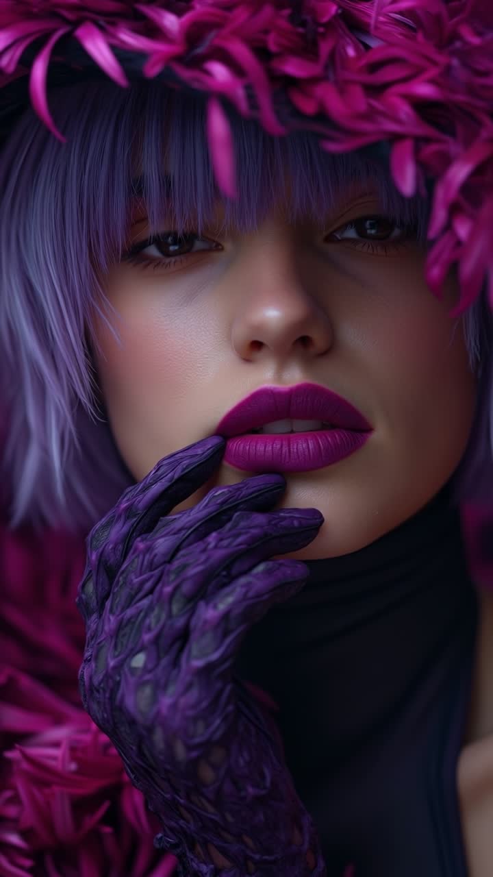 Ritratto di moda d'avanguardia di donna con capelli viola e guanti di pizzo abbinati