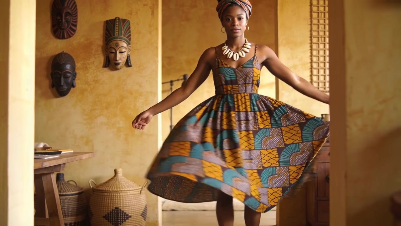 Modelo soltando a barra do vestido estampado, com turbante girando em um quarto quente com máscaras.