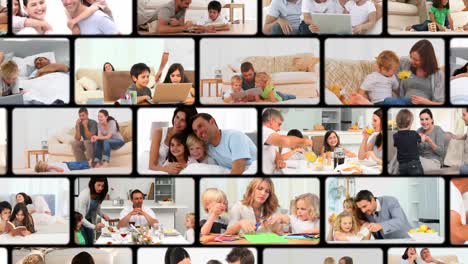 montaje de familias disfrutando de momentos en casa