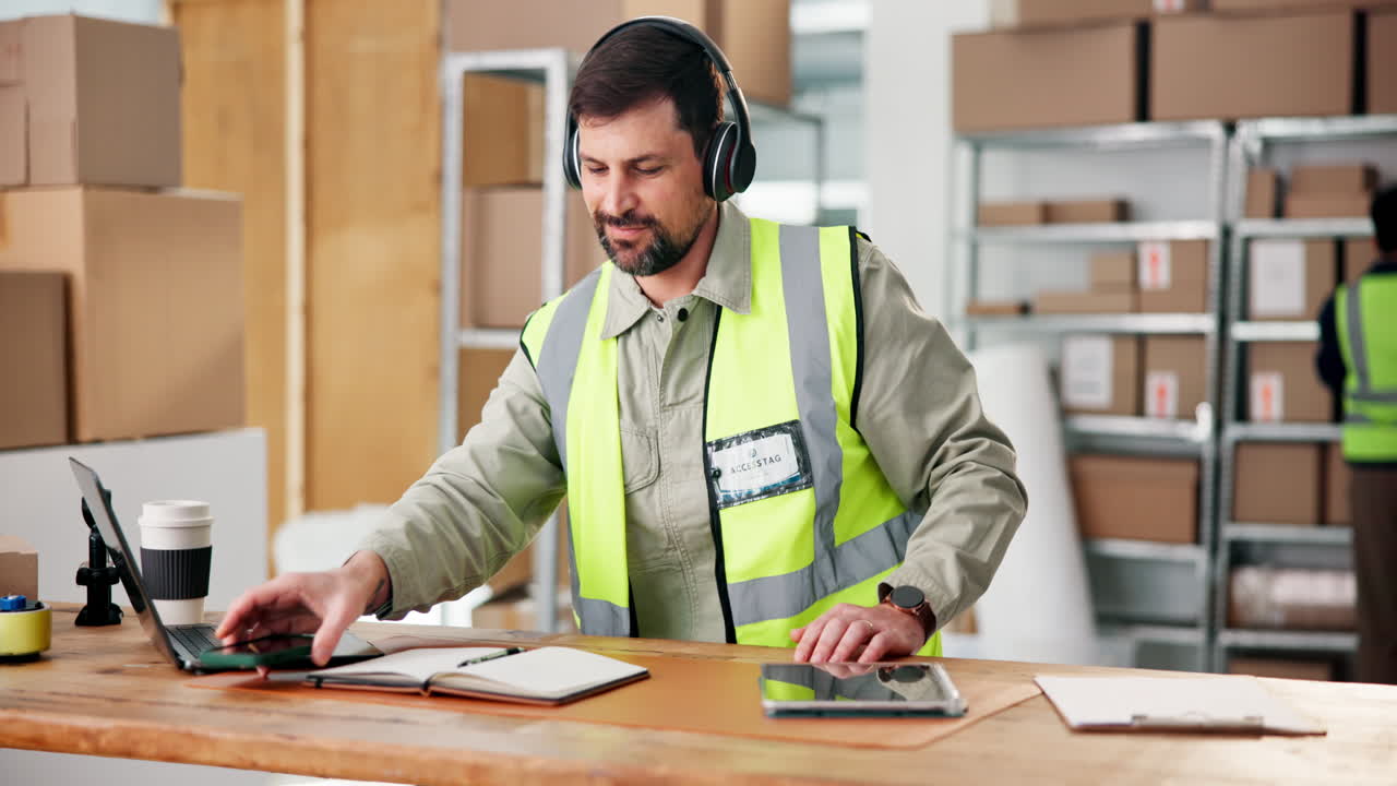 Warehouse worker with laptop, tablet, notebook, and cellphone
