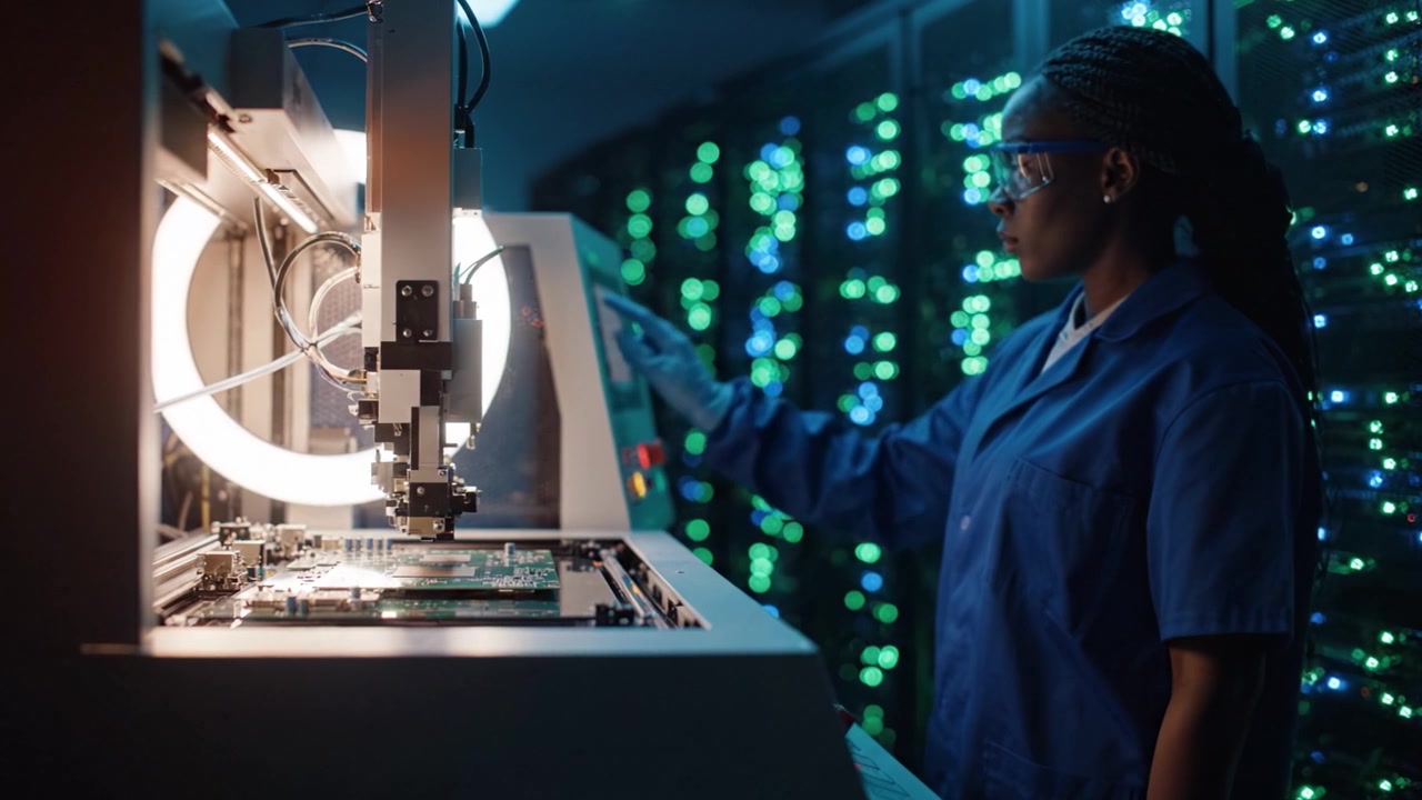 A technician operates advanced machinery in a server room, meticulously working on a circuit board amidst glowing data servers, showcasing modern technological innovation.