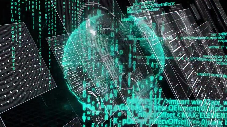On start holographic globe rotating clockwise while UI panels sliding in showing financial data