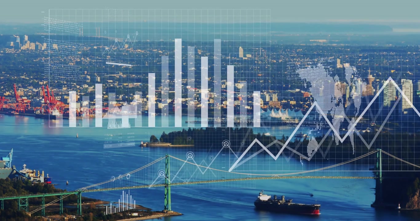 Dijital video, küresel iş dünyası için finansal veri animasyonlarını hızlandırılmış deniz görüntüleriyle birleştiriyor.