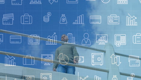 man standing, gazing over railing, displaying finance icons overlay against blue sky