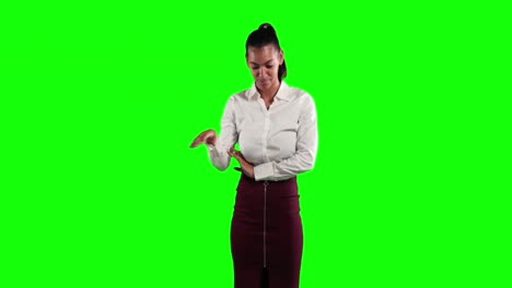 animation of a caucasian woman in suit in a green background