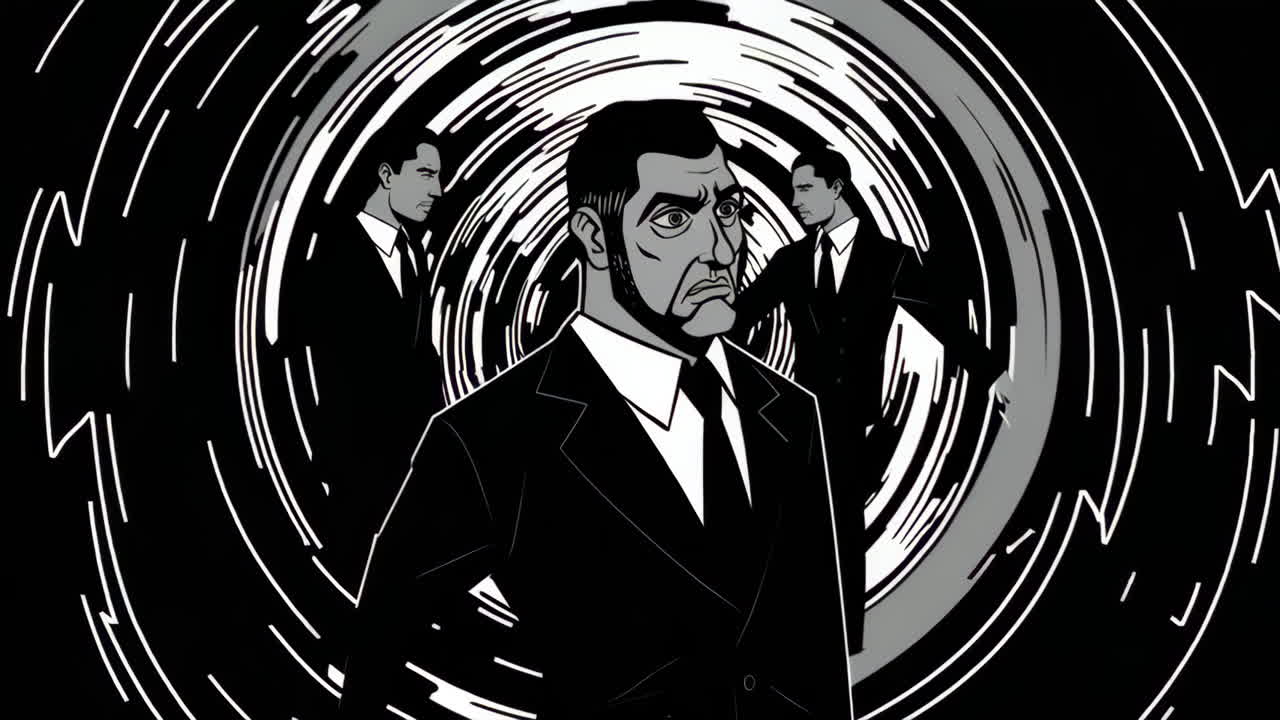 Distressed Man in Swirling Black and White