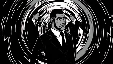 distressed man in swirling black and white