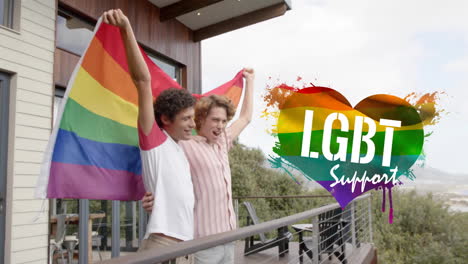 holding rainbow flag, two people celebrating over lgbt support animation