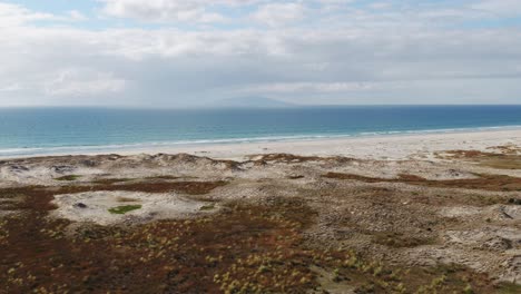 aérea sobre las dunas de arena mirando a lo largo de la costa a un hermoso océano