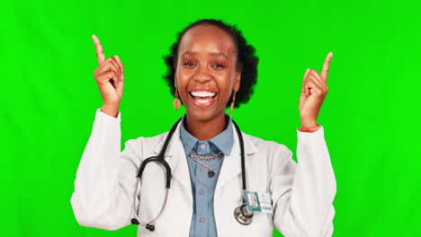 Happy,-pointing-and-face-of-female-doctor-on-green