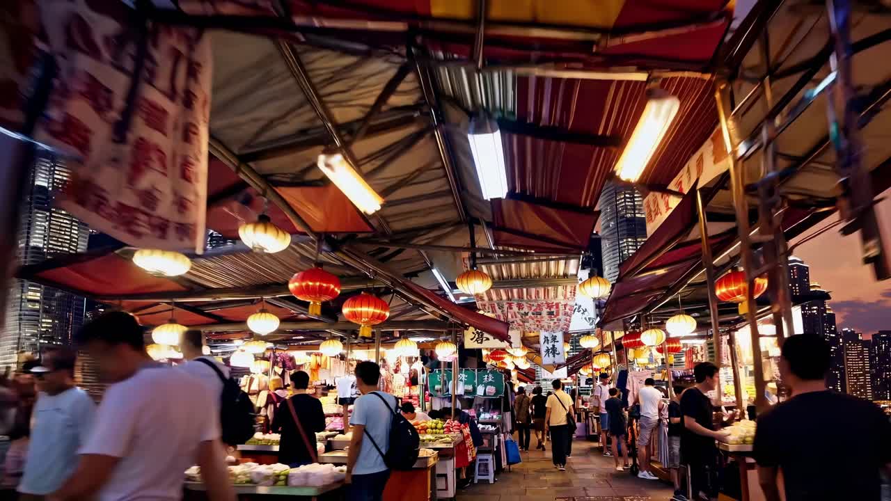 Vibrant night market scene with colorful lanterns and bustling crowds