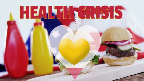 health crisis text and breaking heart icon against burgers