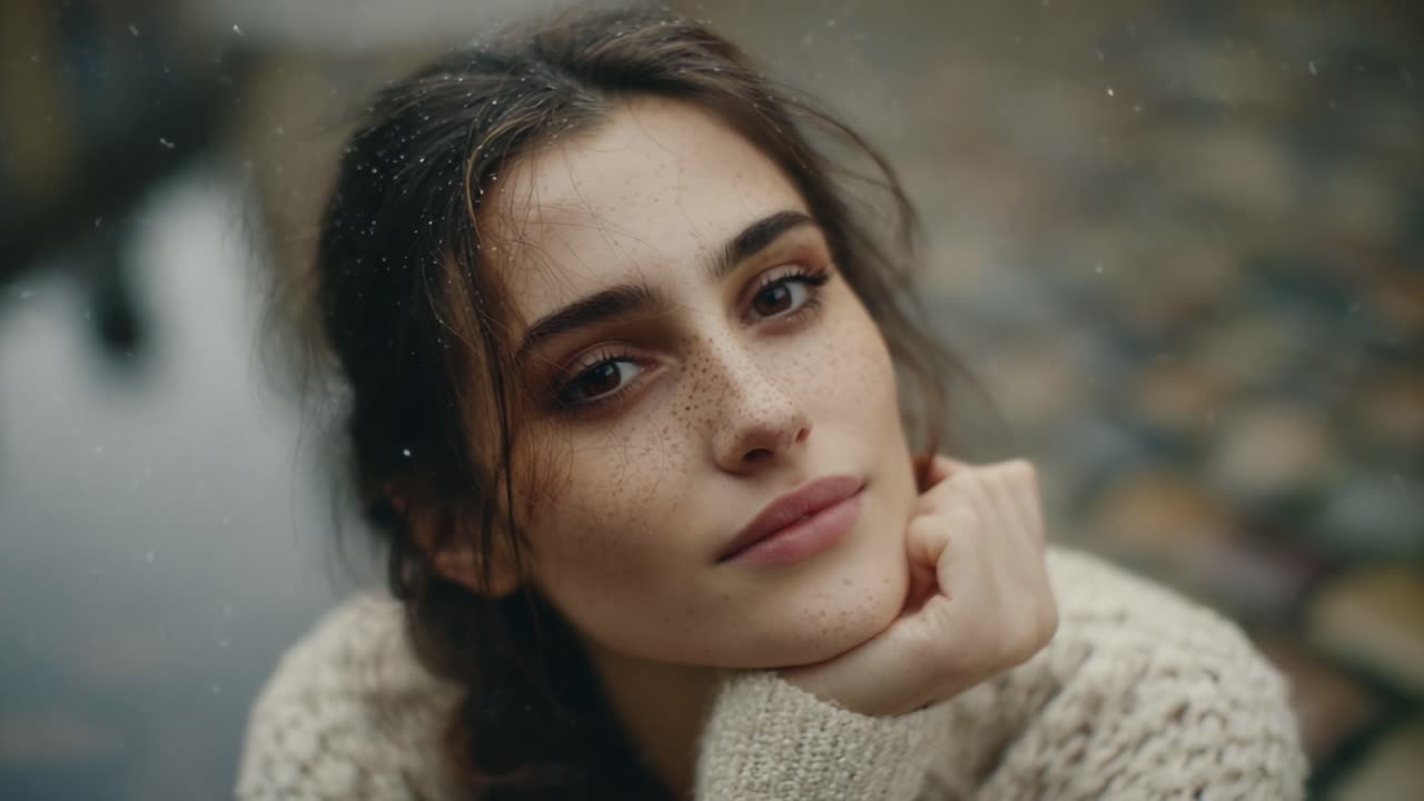 Close-Up Portrait of a Young Woman with Freckles, Soft Expression, and Natural Beauty Against a Blurred Background of Stones and Water