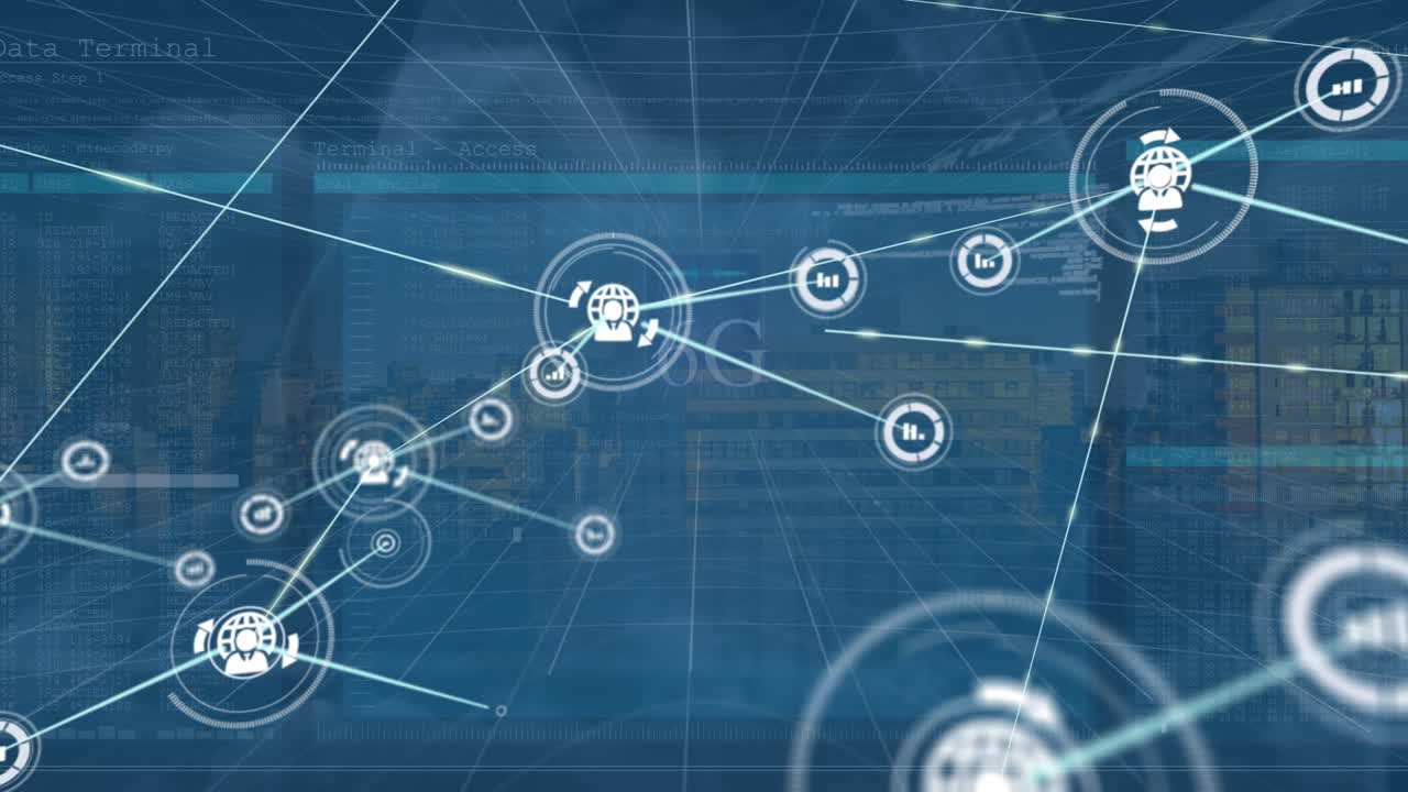 animación de la red de iconos de perfil que se conectan con líneas contra el paisaje urbano