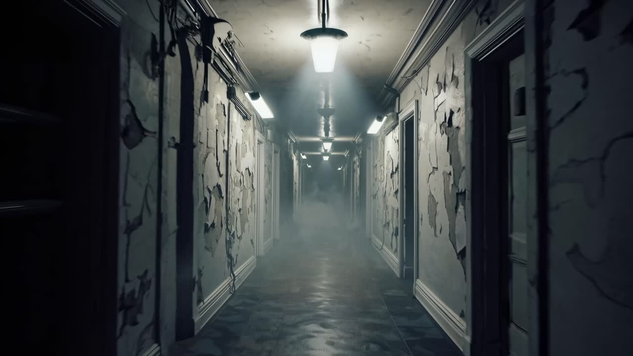Corredor sinistro com paredes descascadas, fotografado de um ângulo baixo. A névoa cria uma atmosfera misteriosa.