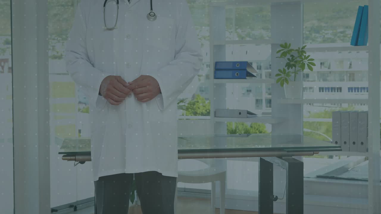 Male doc moving at glass desk, data loading, charts overlaying sliding off revealing health trends