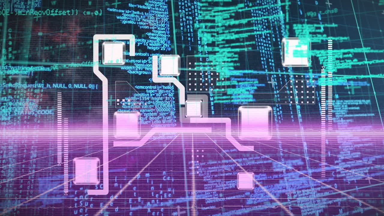 Animation of data processing and media icons on blue background