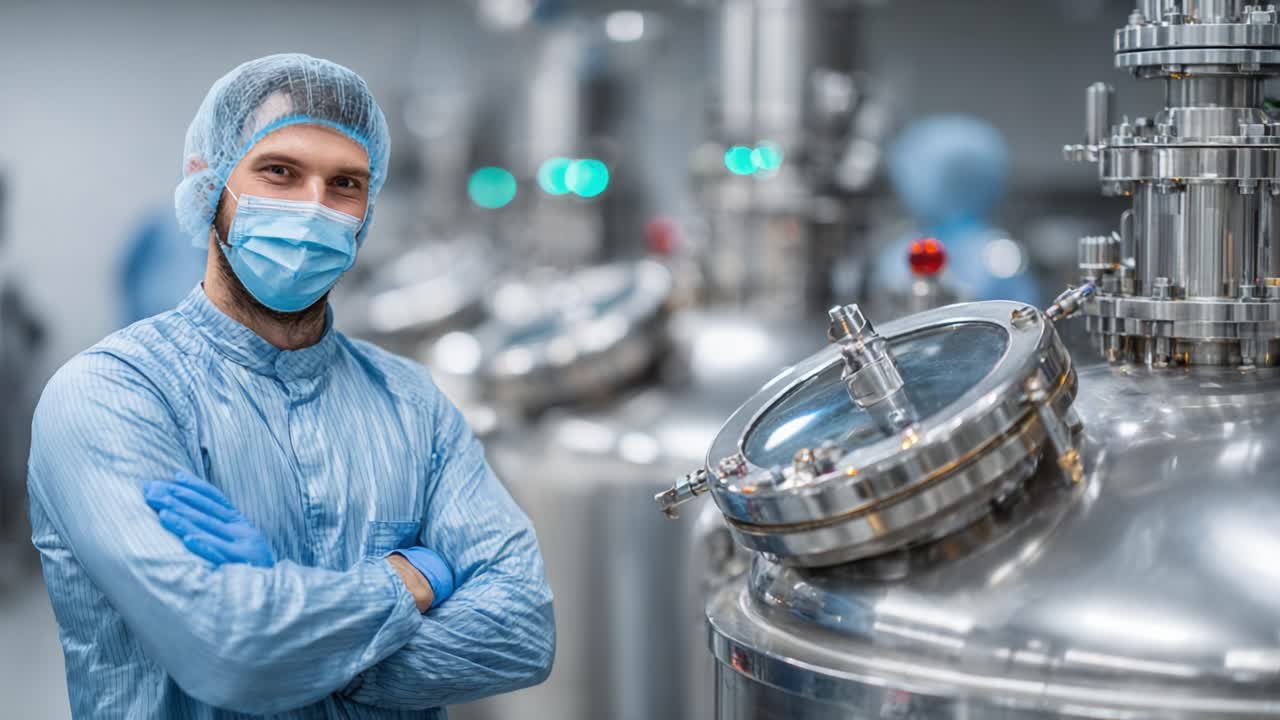 Profesional con bata de laboratorio sonriendo con seguridad en una moderna planta de producción farmacéutica rodeada de maquinaria y equipos avanzados