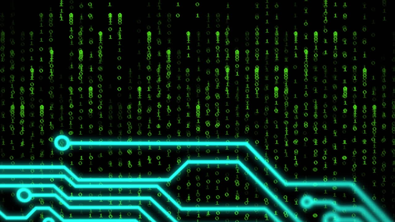 Animation of binary coding and data processing and computer circuit board