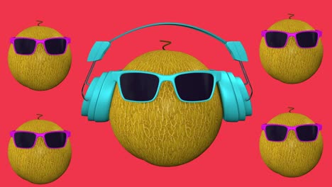 animación 3d en bucle de melón de fantasía. bailando de melón fresco con auriculares y gafas de sol.