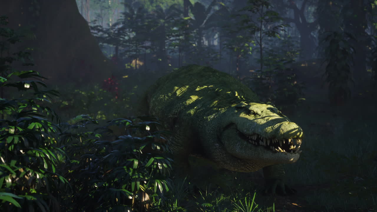Crocodile lurking in a dense rainforest at dawn reveals its wild nature