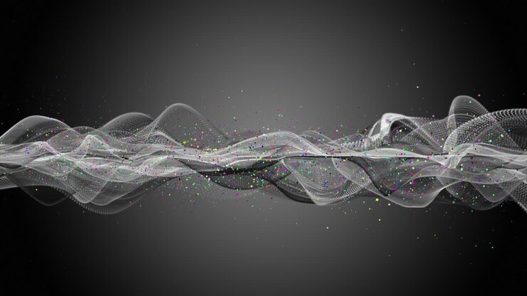 Animazione futuristica con oggetto a onda grigio e particelle glitter colorate in slow motion, loop 4K 4096x2304.