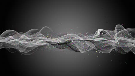 animación futurista con objeto de onda gris y partículas de brillo coloridas en cámara lenta, 4096x2304 bucle 4k