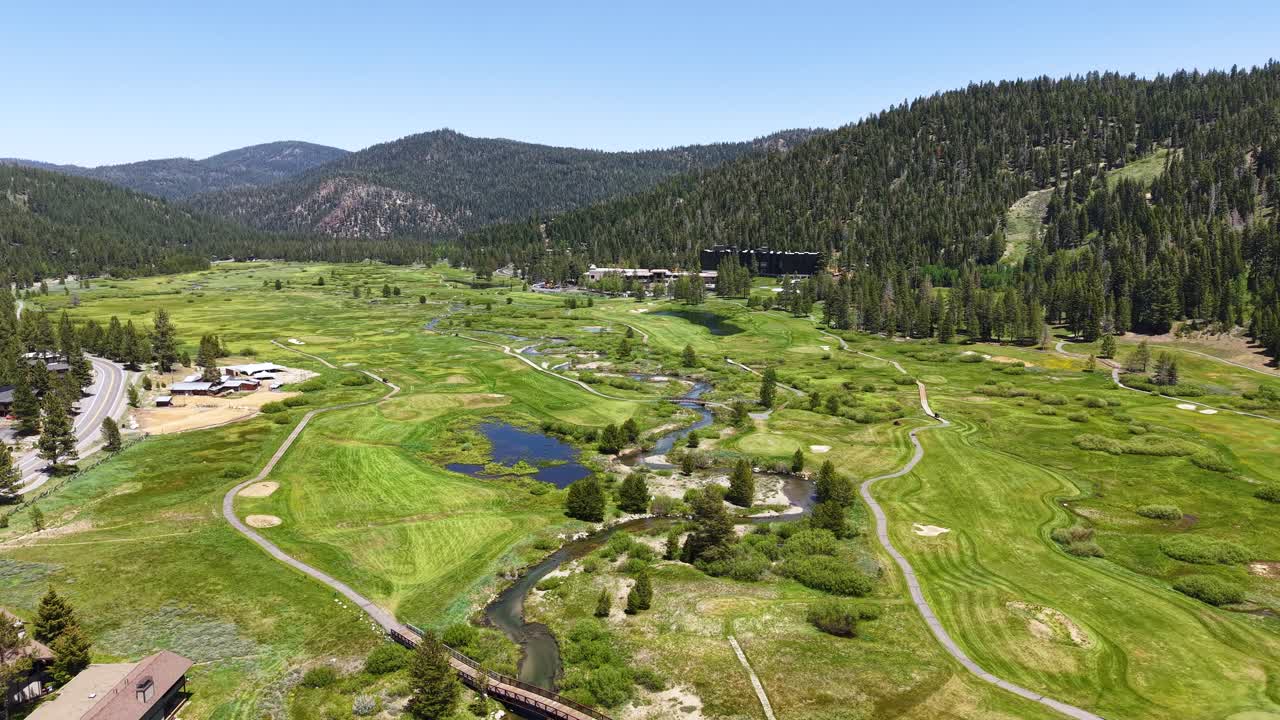 Olympic Valley California USA on Sunny Summer Day, Drone Shot of Green Landscape and Walking Paths
