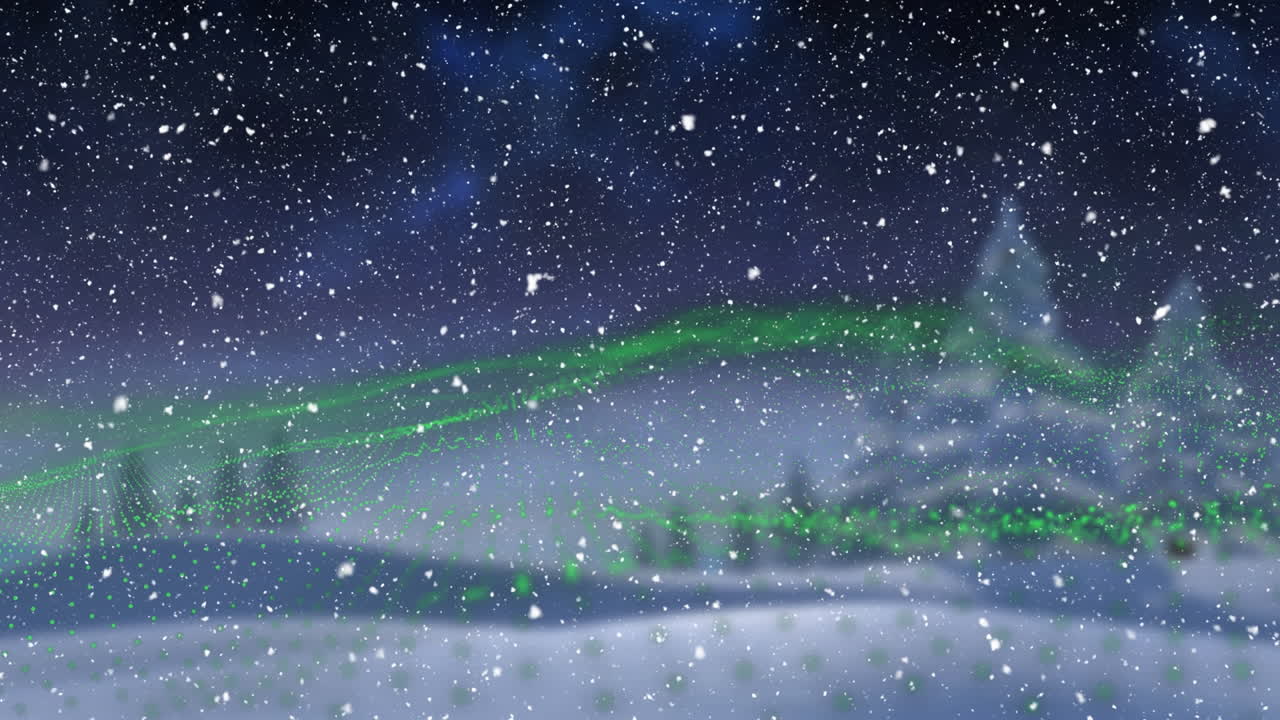 겨울 풍경과 북극광 위에 내리는 눈의 애니메이션