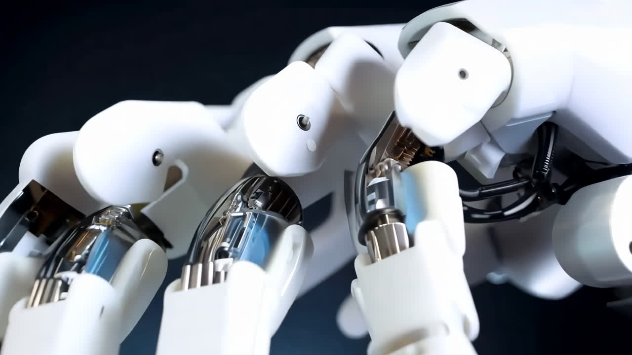 A robotic hand with wires and metal parts. The hand is white and has a metallic look