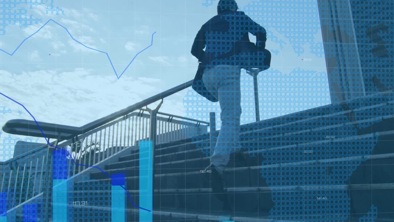 animación del procesamiento de estadísticas financieras sobre un hombre de negocios subiendo las escaleras