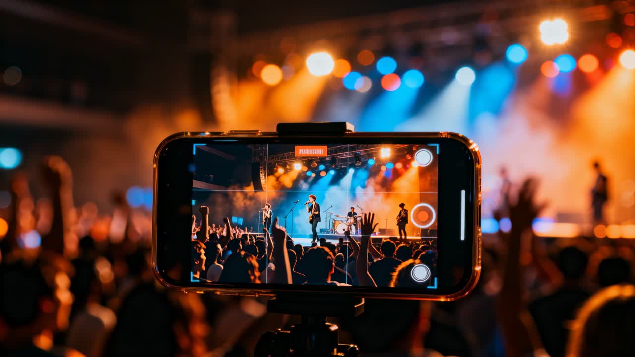 Telefon på stativ optager band, der går på scenen iført scenebeklædning foran fans