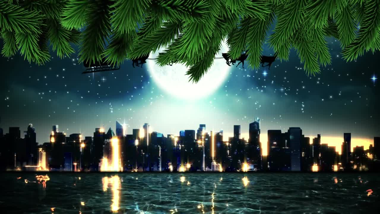 산타클로스가 달과 겨울 풍경 위를 이동하는 사 ⁇ 과 함께  ⁇ 매를 타고 애니메이션